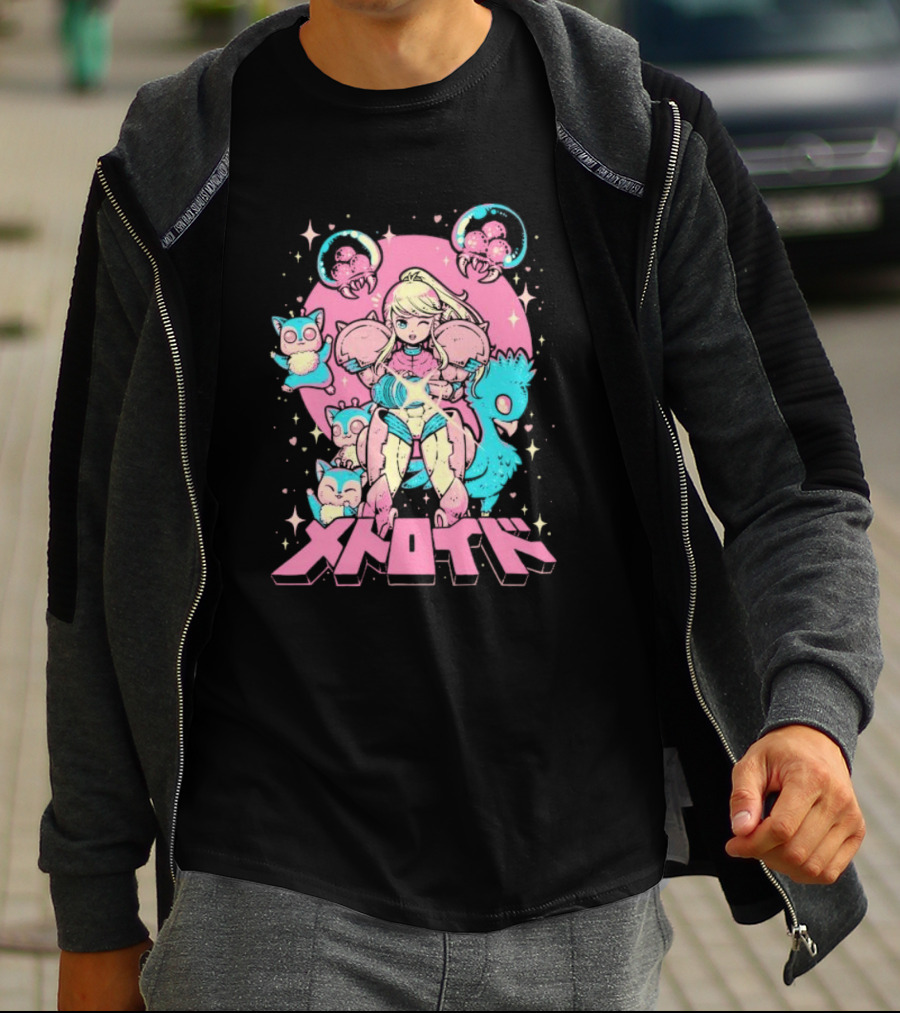 Metroid Pop Art Space Hero Anime Style Pink And Blue Retro T-Shirt