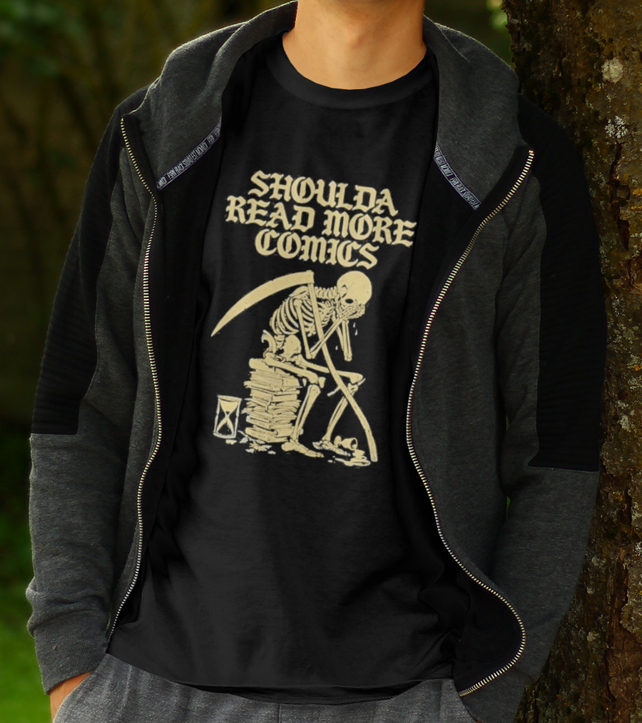 Shoulda Read More Comics Skeleton Sitting On Books With Hourglass T-Shirt