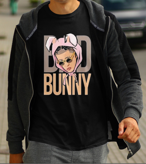 BAD BUNNY Essential Pink Bunny Hoodie Sunglasses T-Shirt