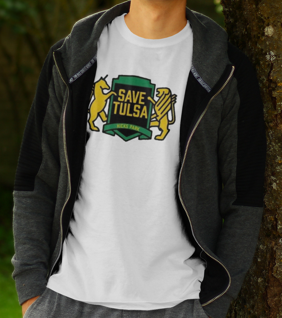 Save Tulsa Kicks Park Yellow Lion And Griffin Shield T-Shirt