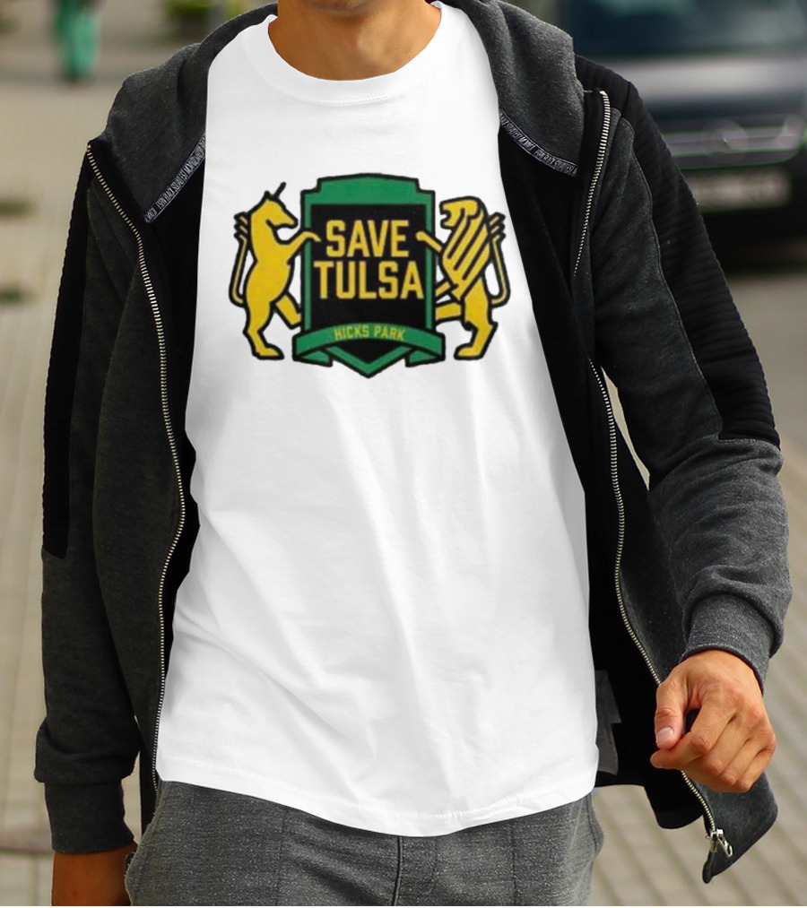 Save Tulsa Kicks Park Yellow Lion And Griffin Shield T-Shirt