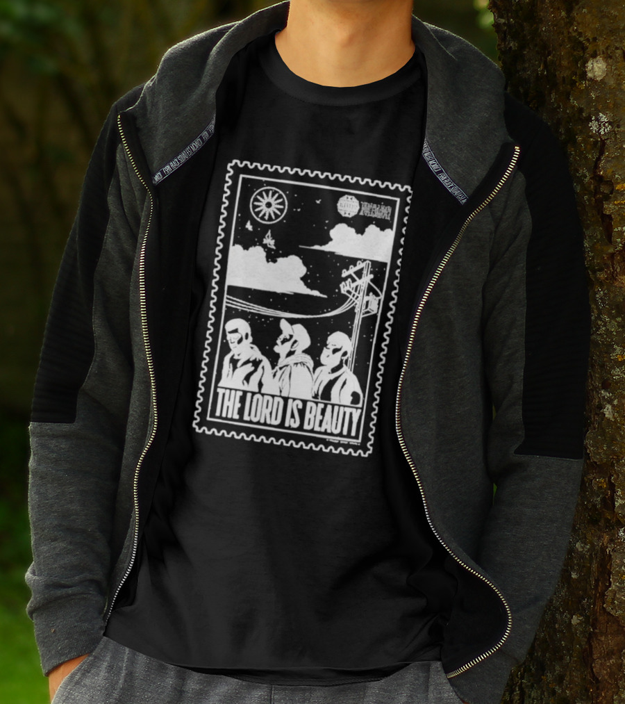 The Lord Is Beauty Three Figures Under Night Sky Clouds Birds Sun And Powerlines T-Shirt
