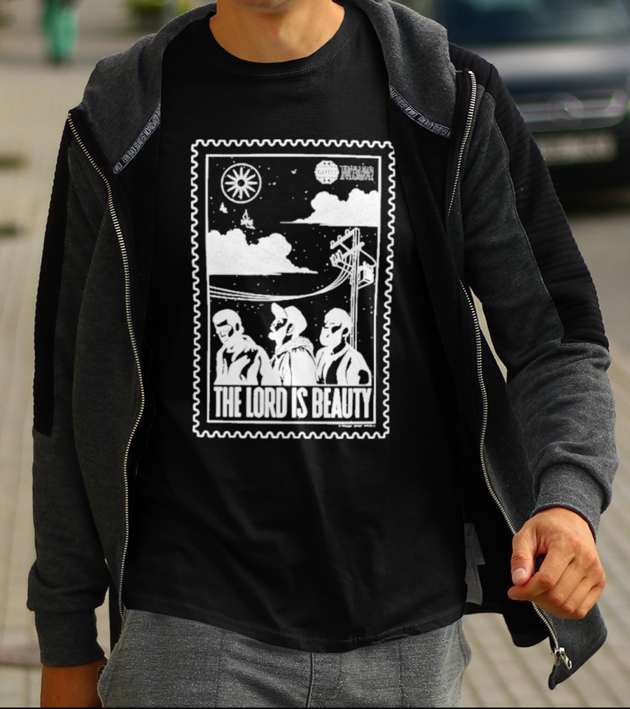 The Lord Is Beauty Three Figures Under Night Sky Clouds Birds Sun And Powerlines T-Shirt
