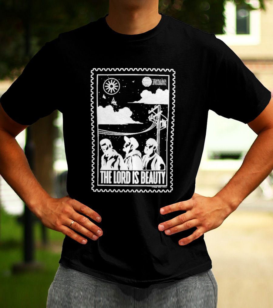 The Lord Is Beauty Three Figures Under Night Sky Clouds Birds Sun And Powerlines T-Shirt