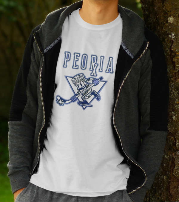 Peoria Hockey Mascot Penicillin Character With Syringe And Hockey Stick T-Shirt
