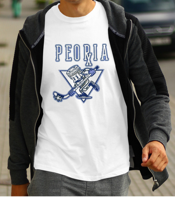 Peoria Hockey Mascot Penicillin Character With Syringe And Hockey Stick T-Shirt