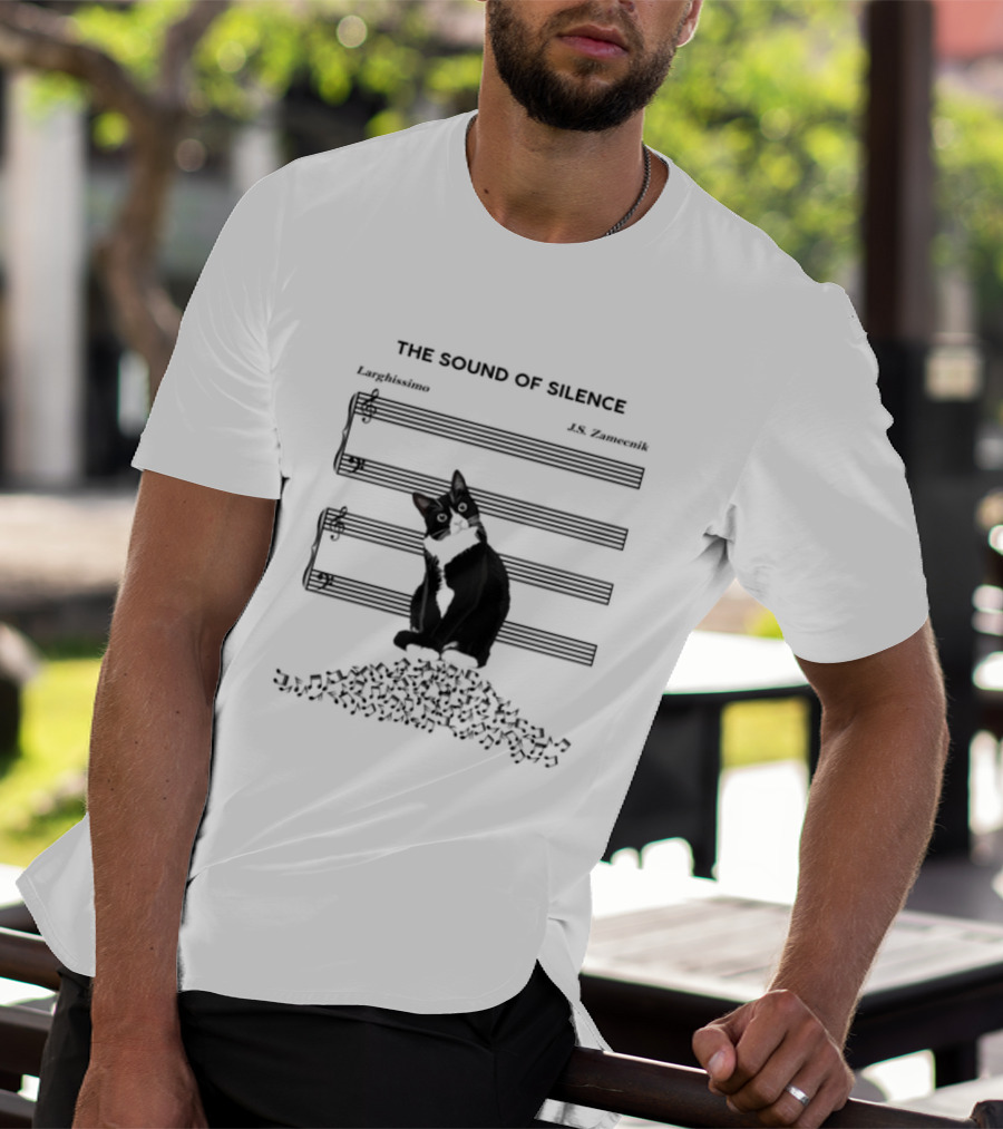 Black Cat Sitting On Music Notes The Sound Of Silence J.S. Zamecnik Larghissimo T-Shirt