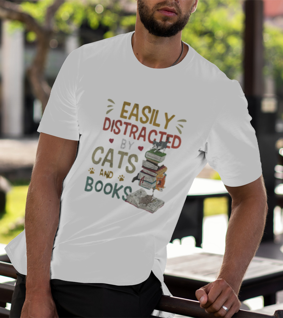 Easily Distracted By Cats And Books Stack Cats 365 Book Lover T-Shirt