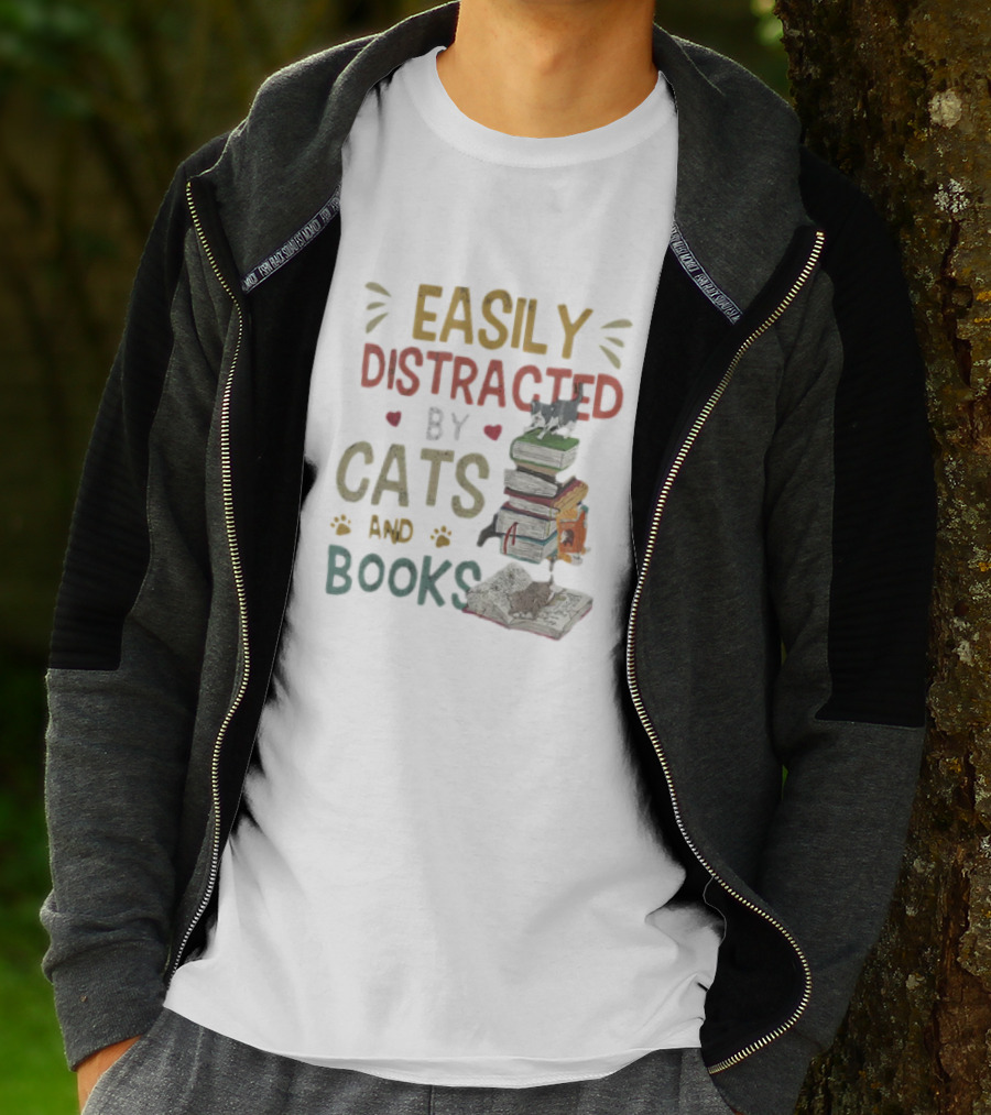 Easily Distracted By Cats And Books Stack Cats 365 Book Lover T-Shirt