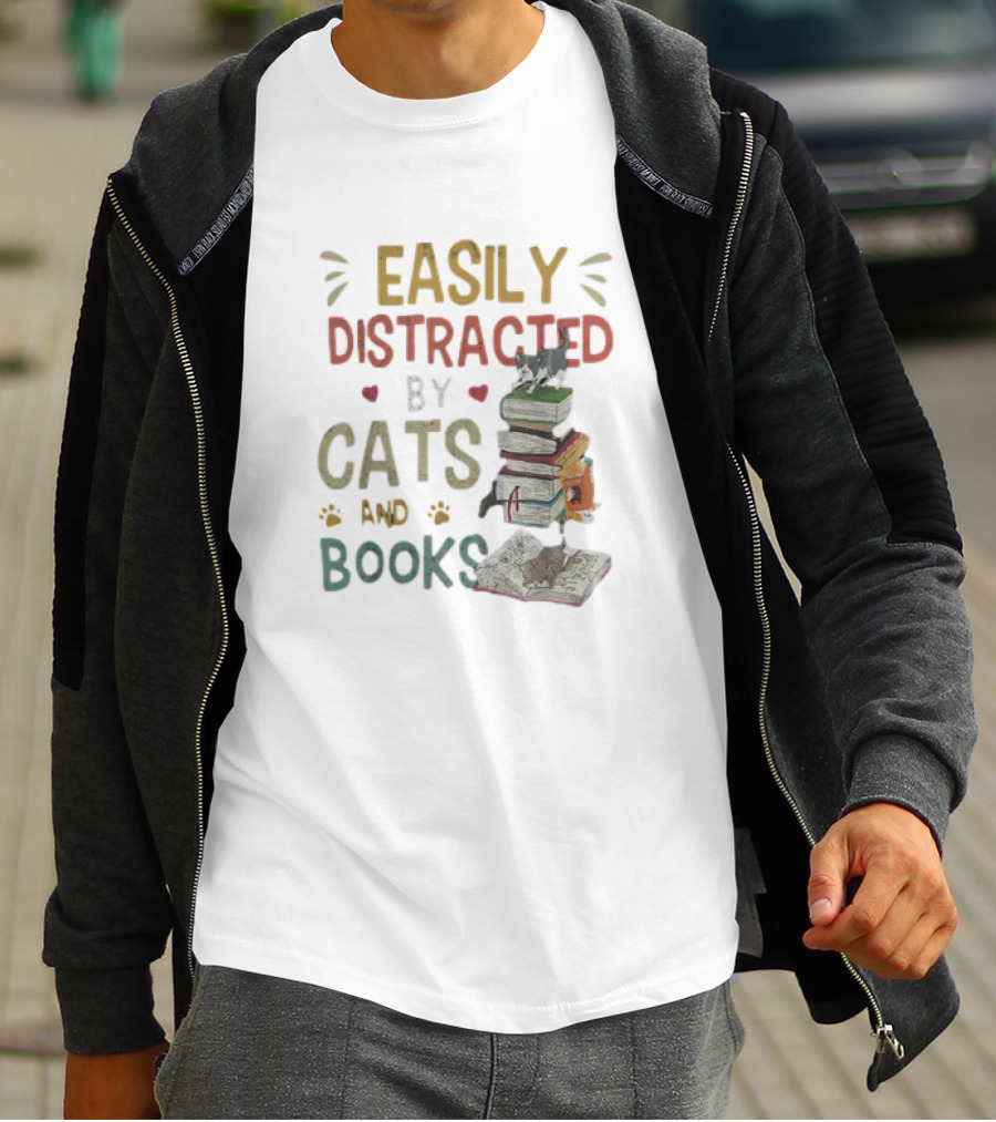 Easily Distracted By Cats And Books Stack Cats 365 Book Lover T-Shirt