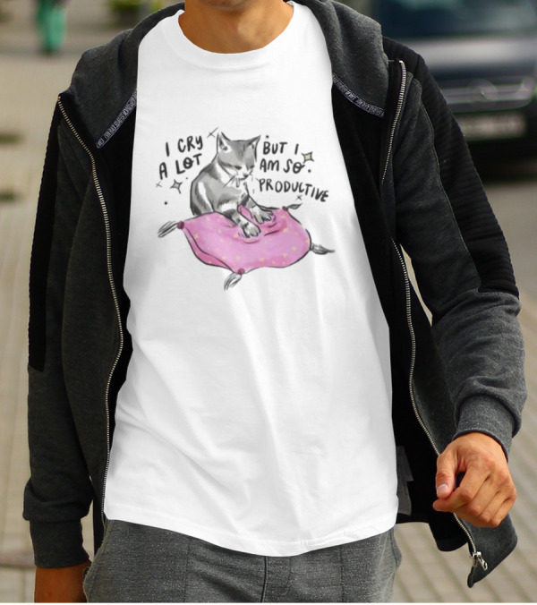 I Cry A Lot But I Am So Productive Funny Cat With Pink Blanket T-Shirt