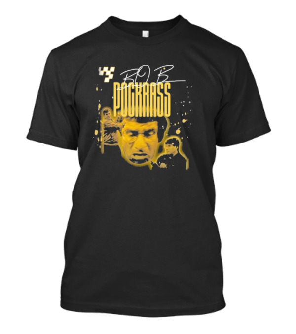 BOB POCKRASS Racing Icon Yellow Portrait Checkerboard Background T-Shirt