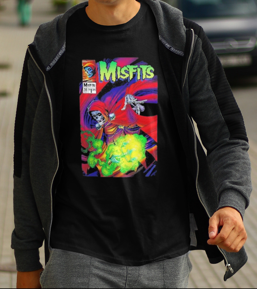 Misfits Yesterdays Death Skeleton Comic Cover 31 Skulls Purple Red Green Smoke T-Shirt