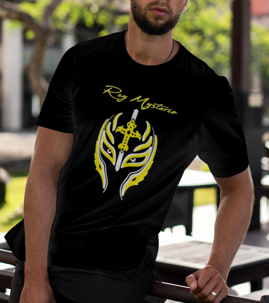 Rey Mysterio Cross Mask Icon With Yellow And White Accents T-Shirt