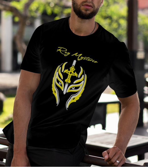 Rey Mysterio Cross Mask Icon With Yellow And White Accents T-Shirt