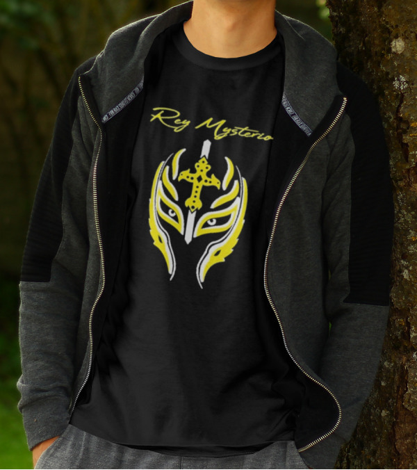 Rey Mysterio Cross Mask Icon With Yellow And White Accents T-Shirt