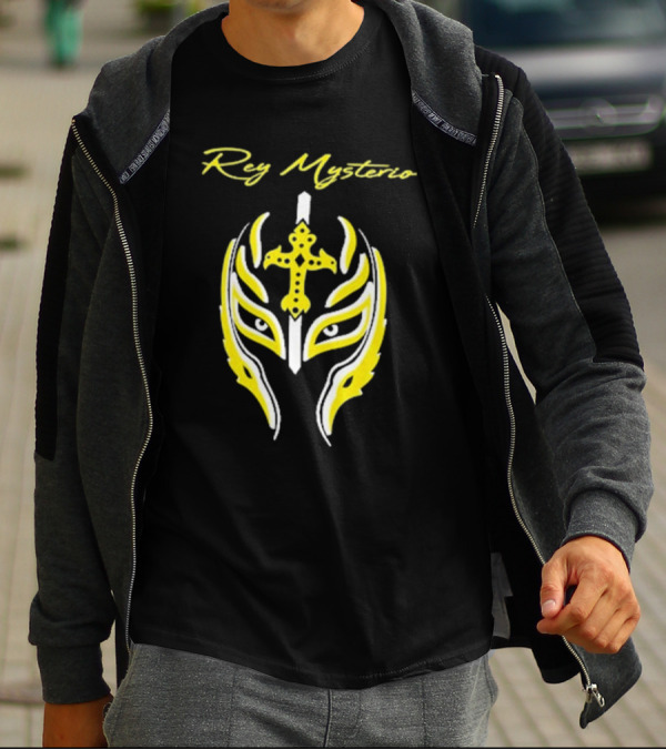 Rey Mysterio Cross Mask Icon With Yellow And White Accents T-Shirt