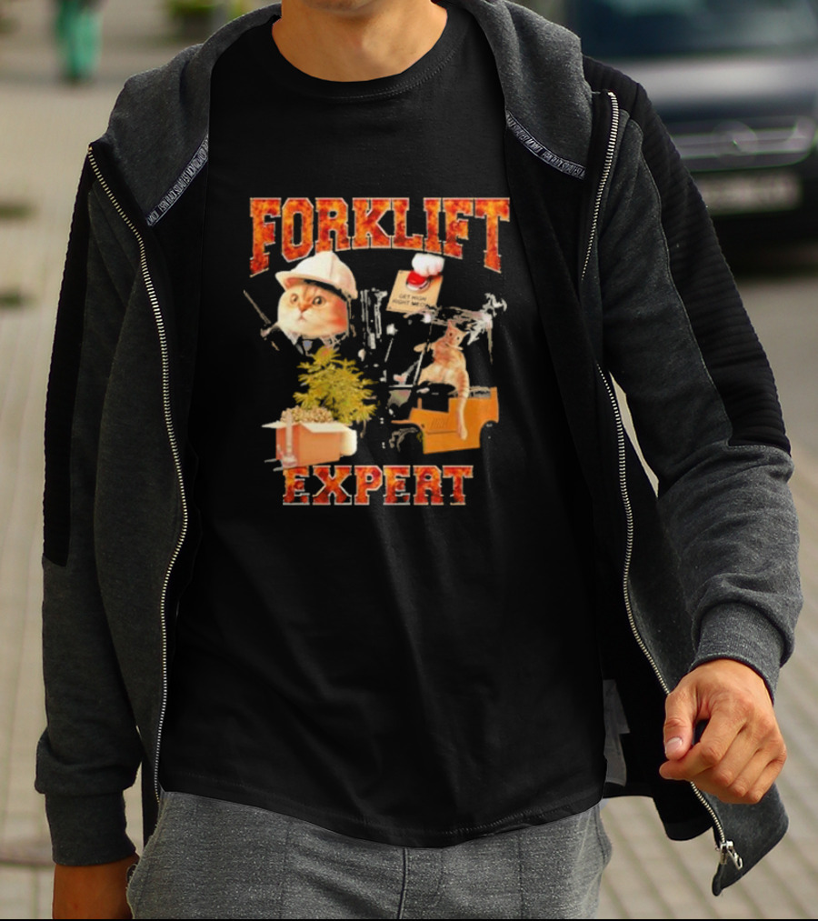 Forklift Expert Cat Hard Hat Red Button Plant Box Image T-Shirt