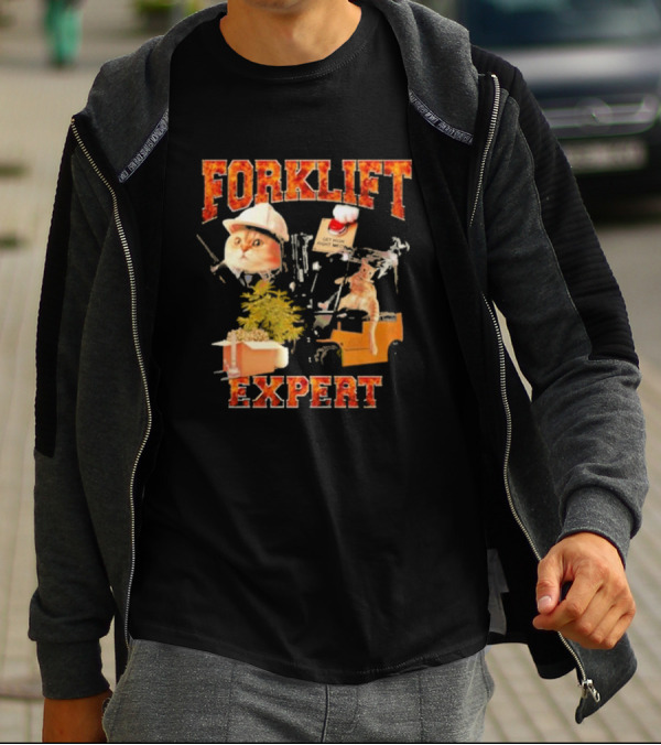 Forklift Expert Cat Hard Hat Red Button Plant Box Image T-Shirt