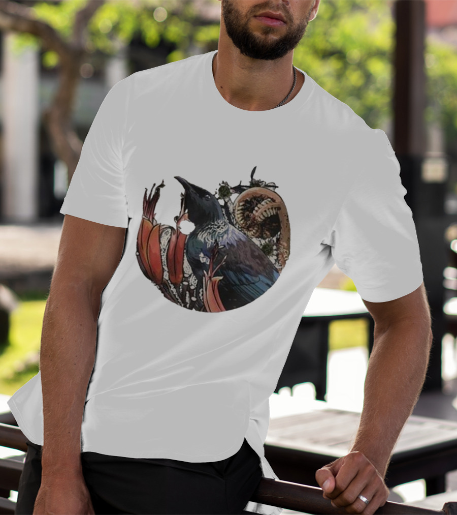 Tui’s Floral Harmony New Zealand Bird And Fern Motif T-Shirt