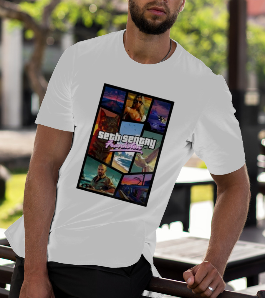 Seth Sentry Frankston GTA Style Art With Cat And City Scenes T-Shirt