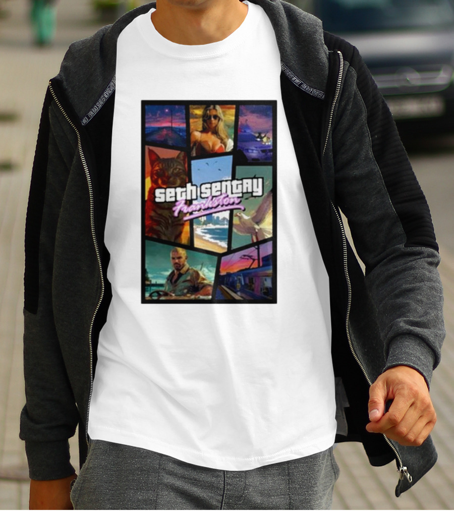 Seth Sentry Frankston GTA Style Art With Cat And City Scenes T-Shirt