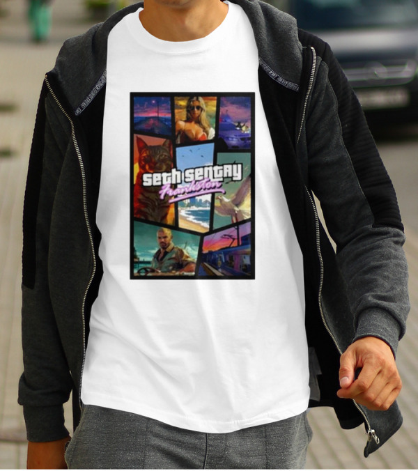 Seth Sentry Frankston GTA Style Art With Cat And City Scenes T-Shirt