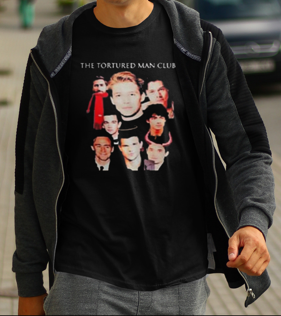 The Tortured Man Club: Collage Of Faces With Red Scarf And Horns T-Shirt