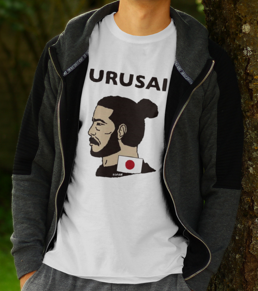 URUSAI Hiragana Ninja Japan Samurai Man Bun Profile With Flag T-Shirt