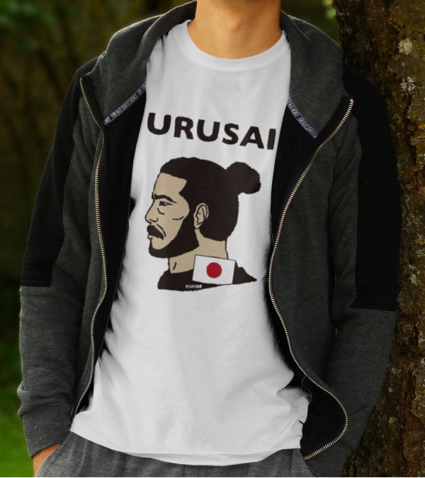 URUSAI Hiragana Ninja Japan Samurai Man Bun Profile With Flag T-Shirt