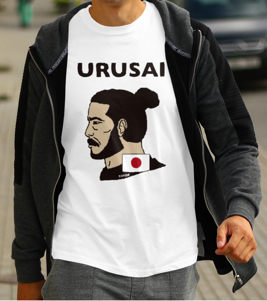 URUSAI Hiragana Ninja Japan Samurai Man Bun Profile With Flag T-Shirt