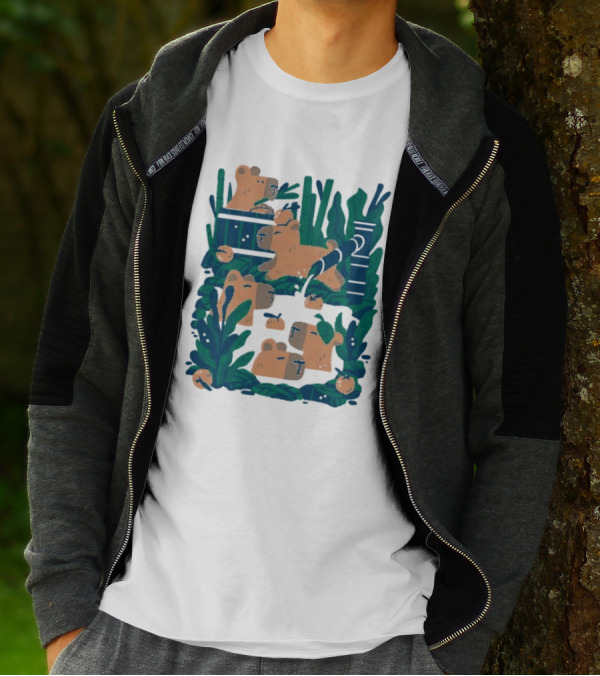 Bamboo Bath Bear Family Relaxing Amidst Greenery T-Shirt