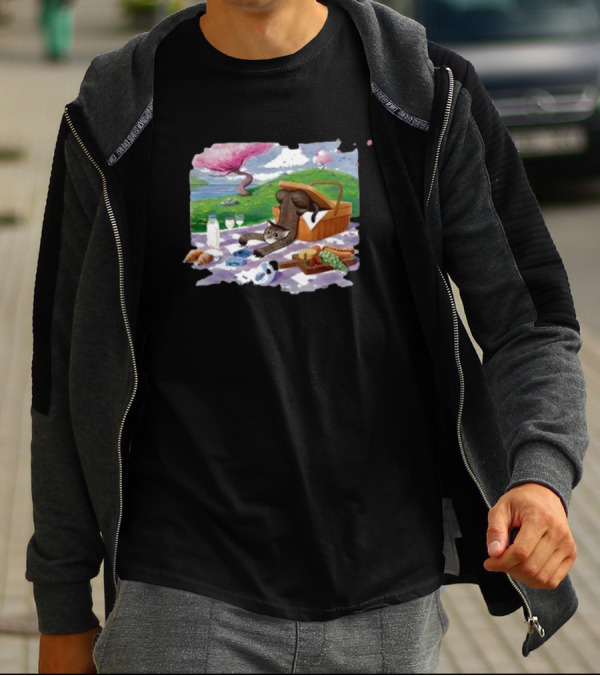Bim Bim Drew Gooden Picnic Cat Basket Scene T-Shirt