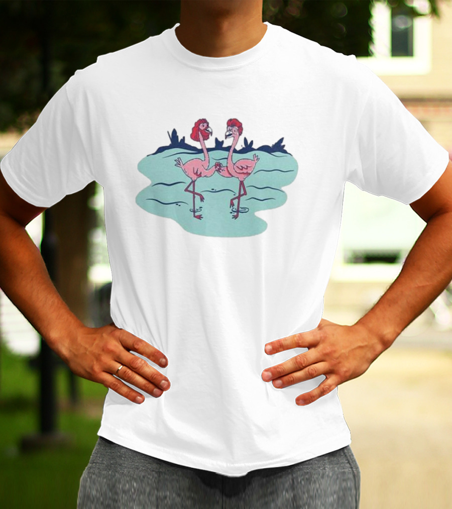 Flamingo Amigos In Blue Water Scene T-Shirt