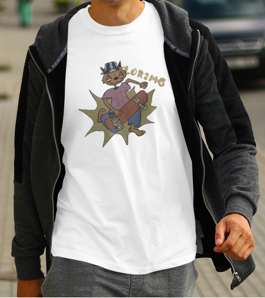 Lor2mg Cartoon Cat Skater In Hat T-Shirt