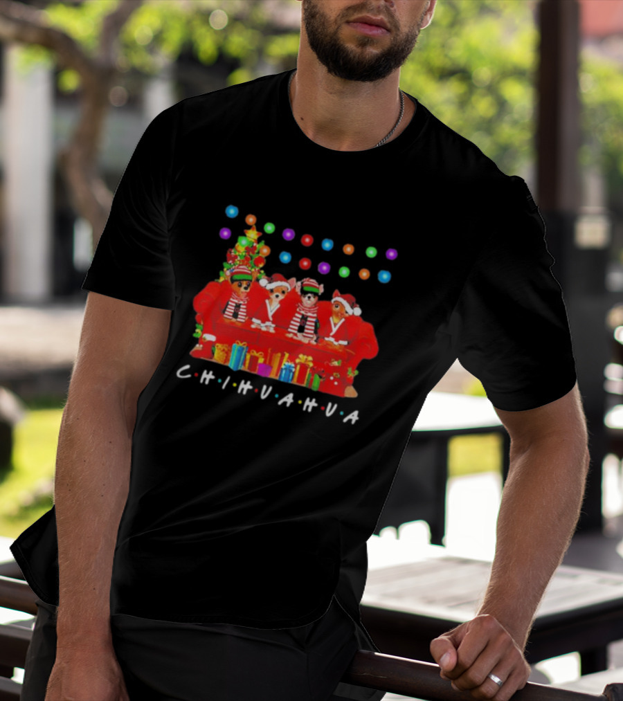 Merry Christmas Chihuahua Friends On Festive Couch With Colorful Lights And Presents T-Shirt