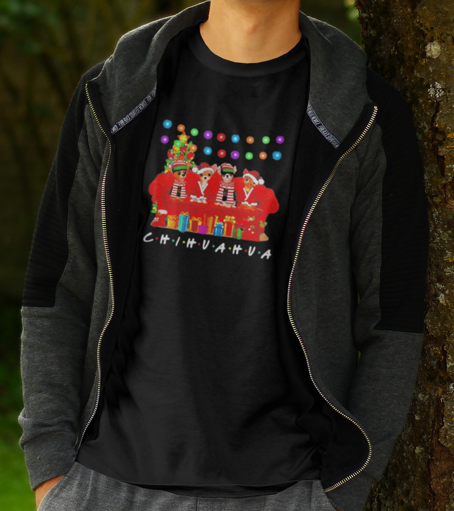 Merry Christmas Chihuahua Friends On Festive Couch With Colorful Lights And Presents T-Shirt