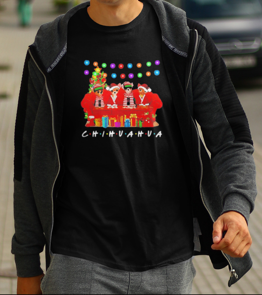 Merry Christmas Chihuahua Friends On Festive Couch With Colorful Lights And Presents T-Shirt