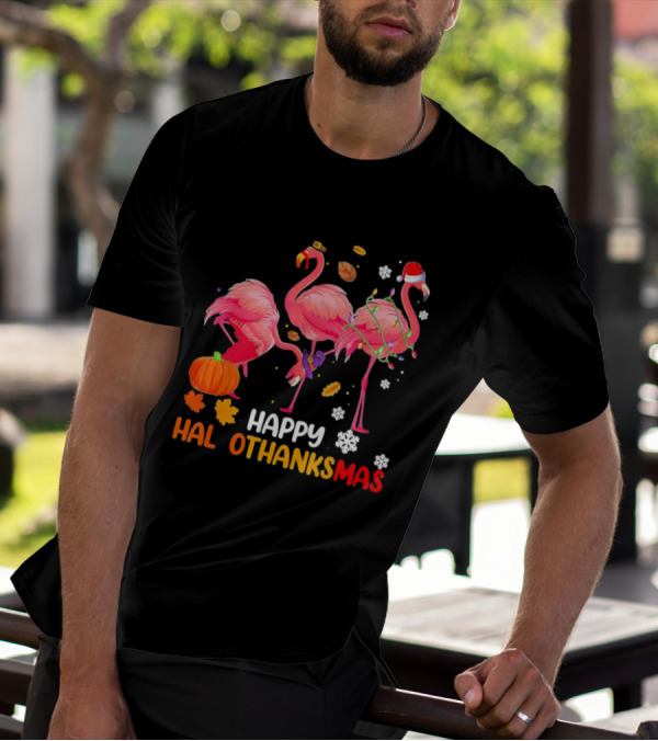 Happy Hallothanksmas Flamingo Halloween Thanksgiving Pumpkin Leaves Snowflakes T-Shirt