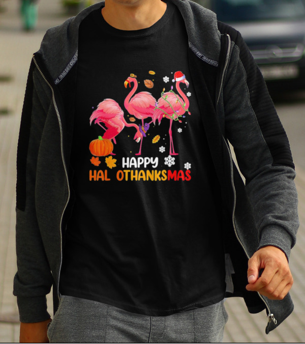 Happy Hallothanksmas Flamingo Halloween Thanksgiving Pumpkin Leaves Snowflakes T-Shirt