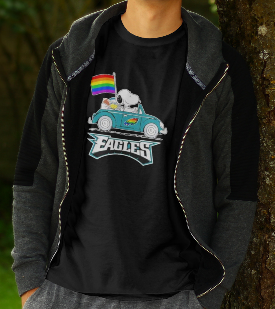 Philadelphia Eagles Pride Month Snoopy And Woodstock Rainbow Flag Parade T-Shirt