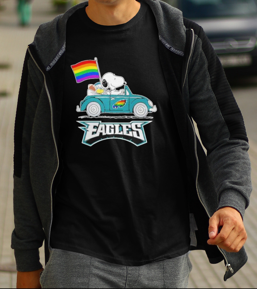 Philadelphia Eagles Pride Month Snoopy And Woodstock Rainbow Flag Parade T-Shirt