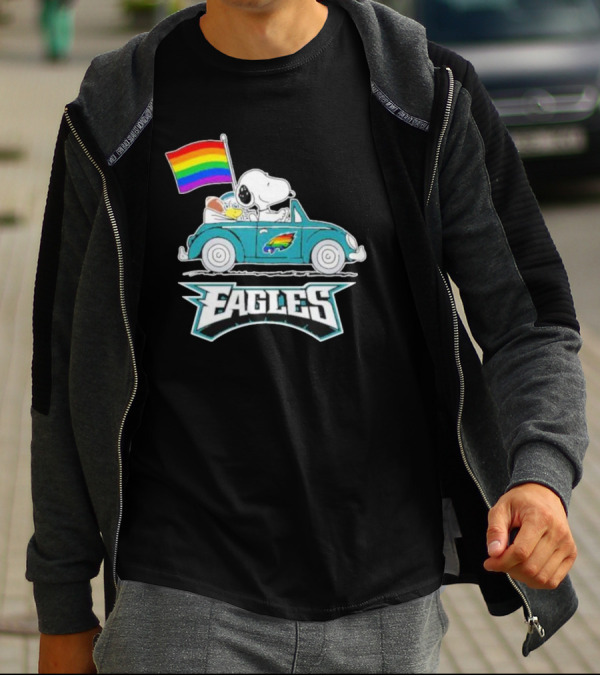 Philadelphia Eagles Pride Month Snoopy And Woodstock Rainbow Flag Parade T-Shirt
