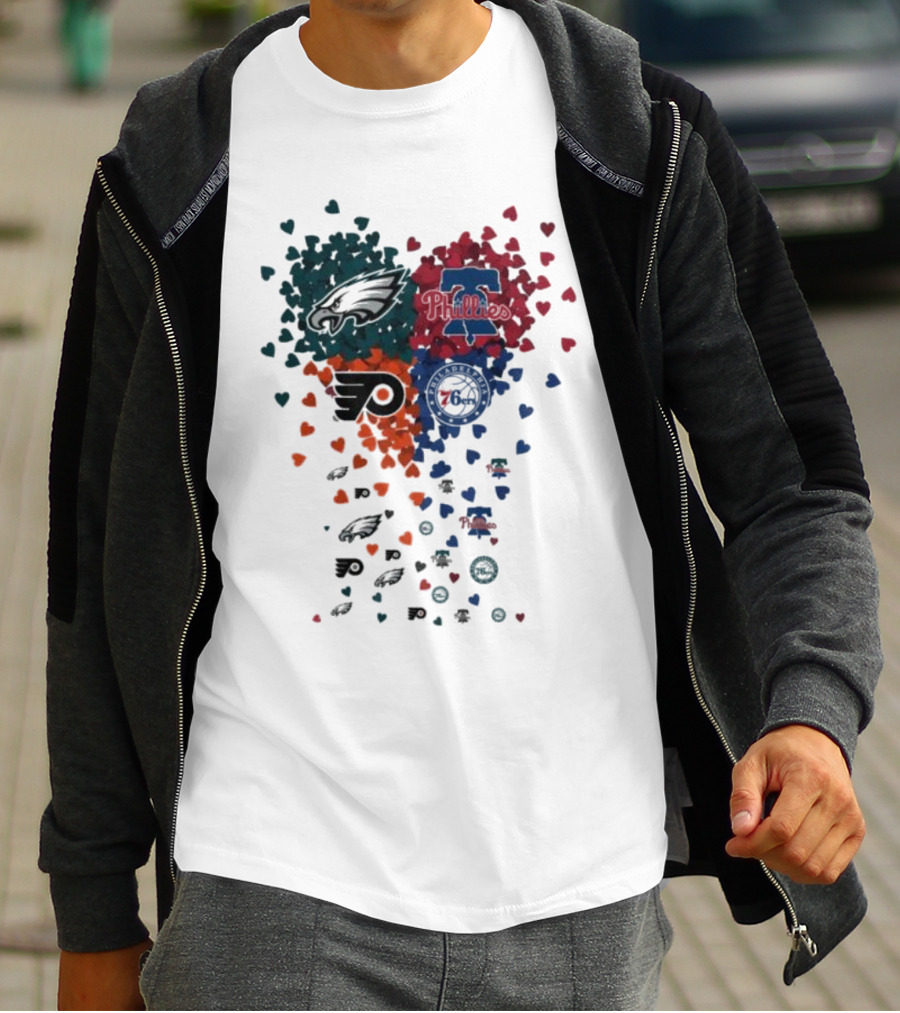 Philadelphia Eagles Phillies Flyers 76ers Logos And Hearts T-Shirt