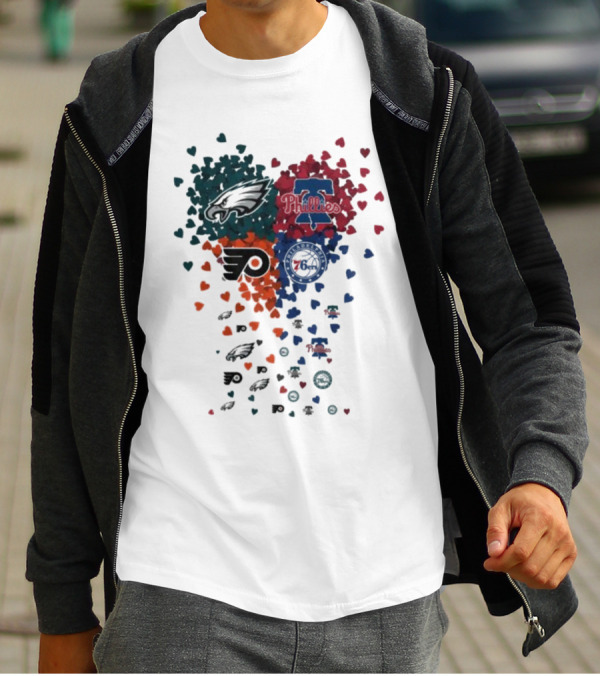Philadelphia Eagles Phillies Flyers 76ers Logos And Hearts T-Shirt