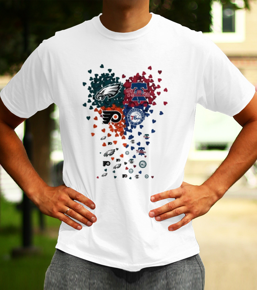 Philadelphia Eagles Phillies Flyers 76ers Logos And Hearts T-Shirt