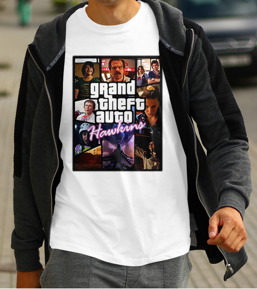 Stranger Things 3 Grand Theft Auto Hawkins Vintage Style Collage T-Shirt