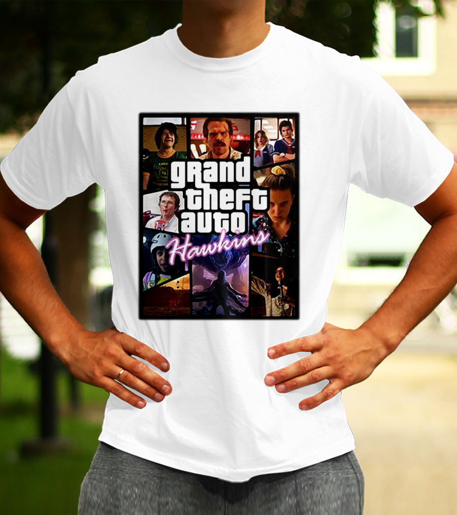 Stranger Things 3 Grand Theft Auto Hawkins Vintage Style Collage T-Shirt