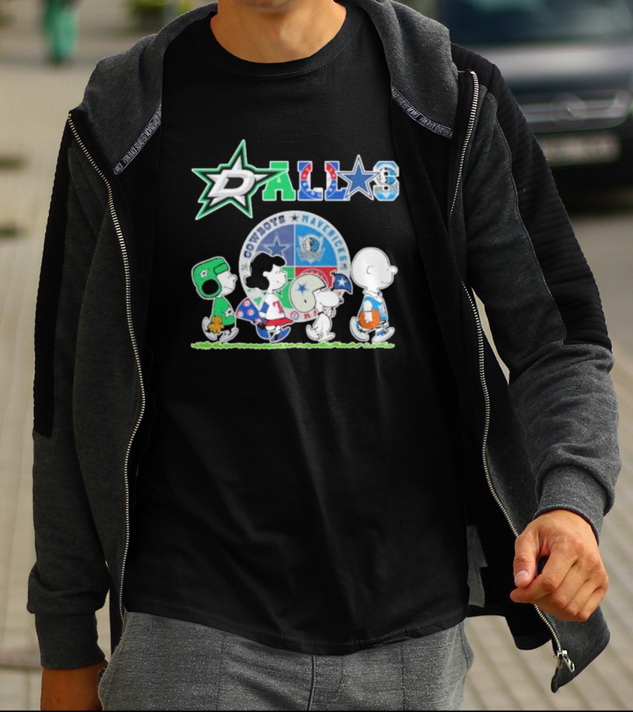 Peanuts Characters Walking With Dallas Cowboys Mavericks Stars T-Shirt