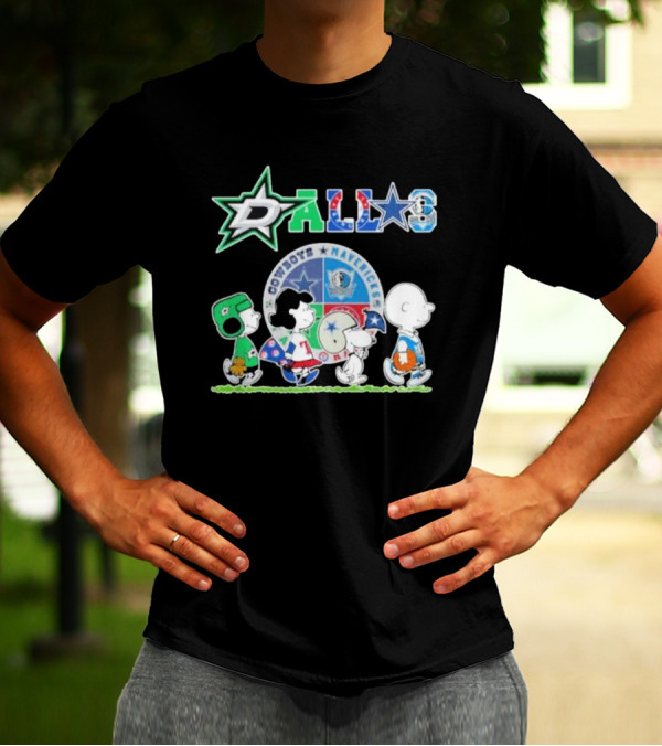 Peanuts Characters Walking With Dallas Cowboys Mavericks Stars T-Shirt